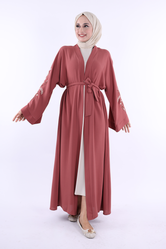 Nakış İşleme Detaylı Bel Kuşaklı Abaya 7898 Gül Kurusu - Bym Fashion