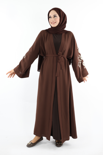 Nakış İşleme Detaylı Bel Kuşaklı Abaya 7898 Kahverengi 