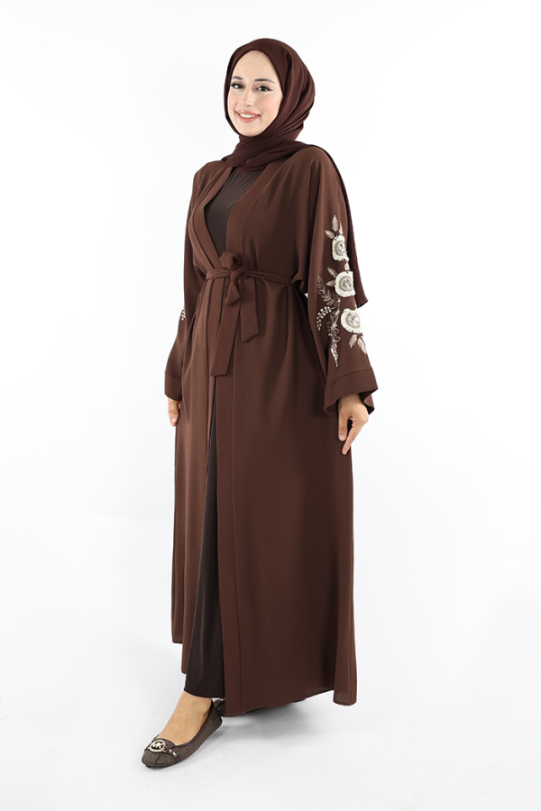 Nakış İşleme Detaylı Bel Kuşaklı Abaya 7898 Kahverengi - 3