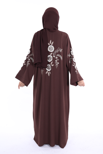 Nakış İşleme Detaylı Bel Kuşaklı Abaya 7898 Kahverengi - 2