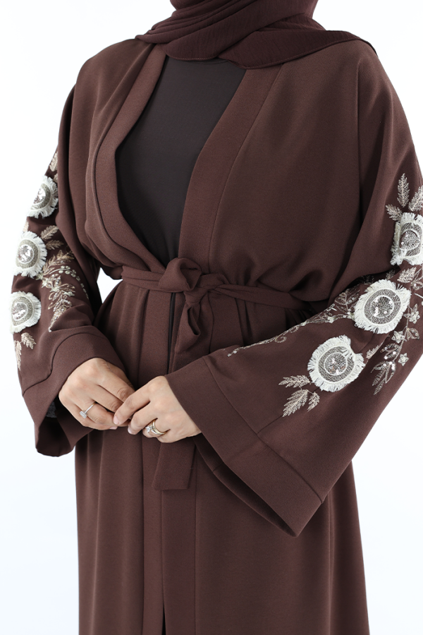 Nakış İşleme Detaylı Bel Kuşaklı Abaya 7898 Kahverengi - 4