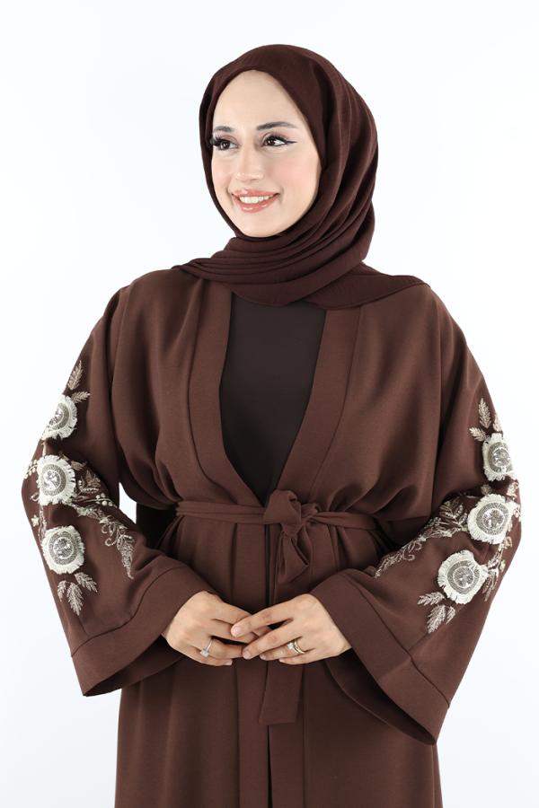 Nakış İşleme Detaylı Bel Kuşaklı Abaya 7898 Kahverengi - 5
