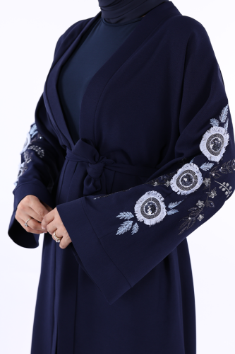Nakış İşleme Detaylı Bel Kuşaklı Abaya 7898 Lacivert - 4