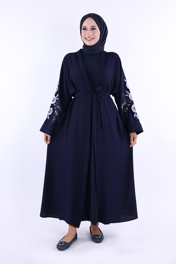Nakış İşleme Detaylı Bel Kuşaklı Abaya 7898 Lacivert - 1