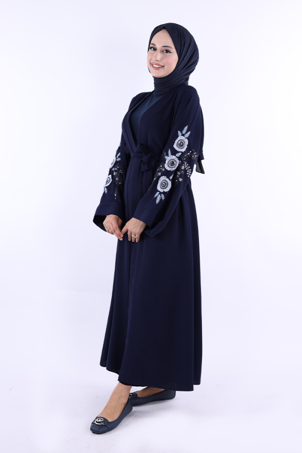 Nakış İşleme Detaylı Bel Kuşaklı Abaya 7898 Lacivert - 3