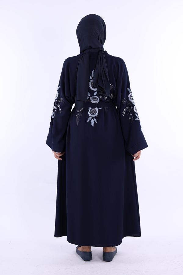 Nakış İşleme Detaylı Bel Kuşaklı Abaya 7898 Lacivert - 2