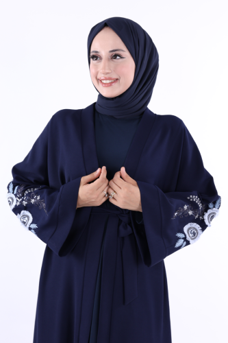 Nakış İşleme Detaylı Bel Kuşaklı Abaya 7898 Lacivert - 5