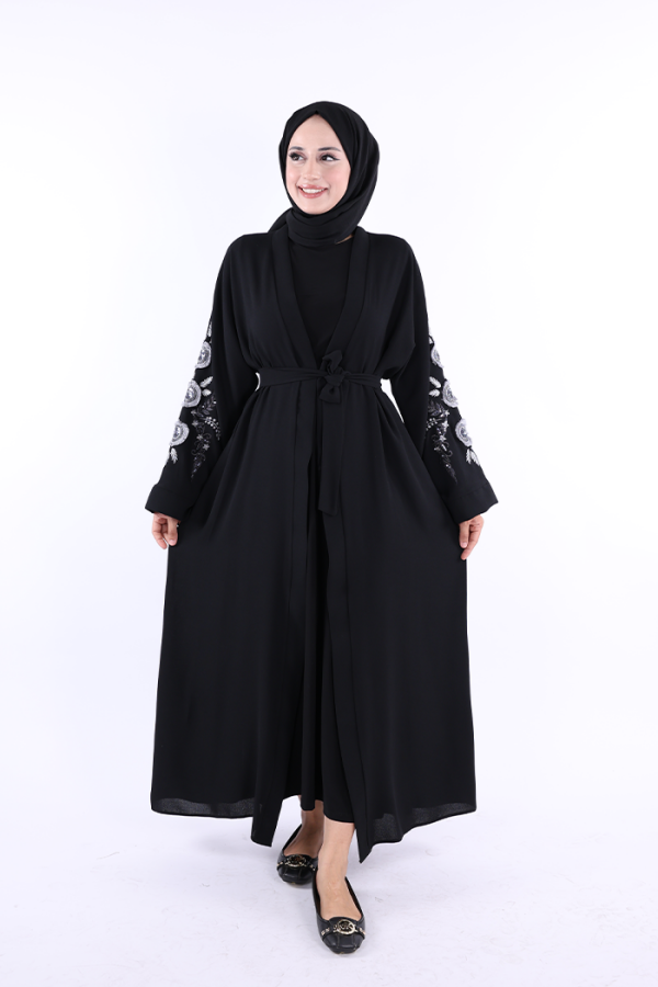 Nakış İşleme Detaylı Bel Kuşaklı Abaya 7898 Siyah - 3
