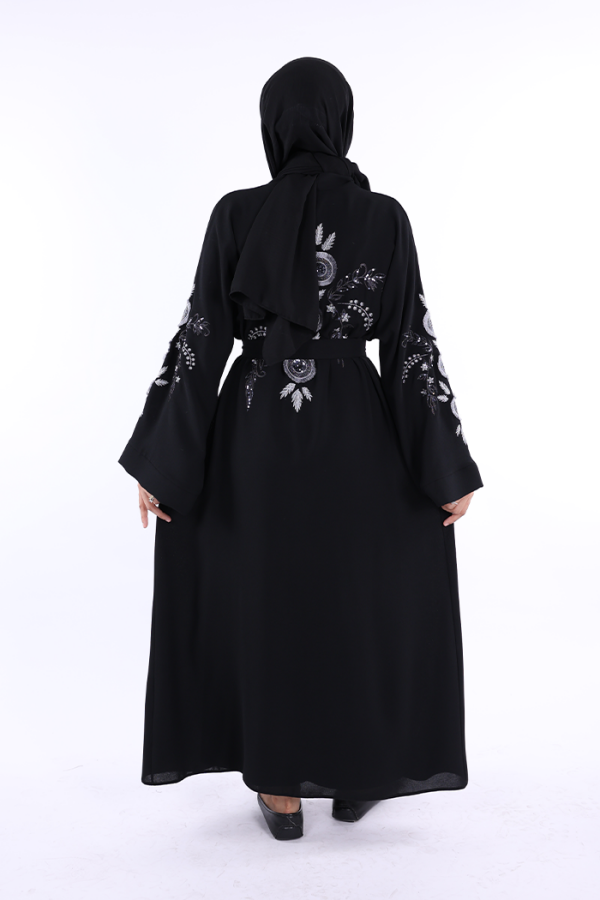 Nakış İşleme Detaylı Bel Kuşaklı Abaya 7898 Siyah - 2