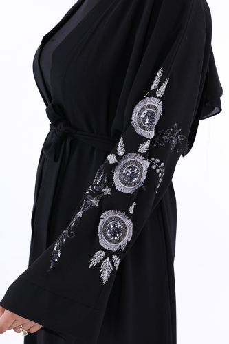 Nakış İşleme Detaylı Bel Kuşaklı Abaya 7898 Siyah - 4