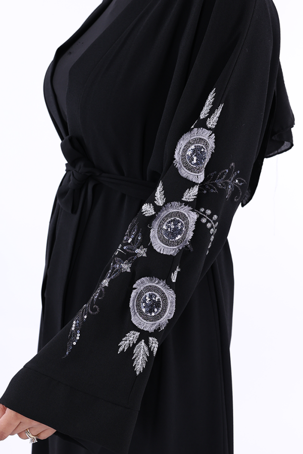 Nakış İşleme Detaylı Bel Kuşaklı Abaya 7898 Siyah - 4