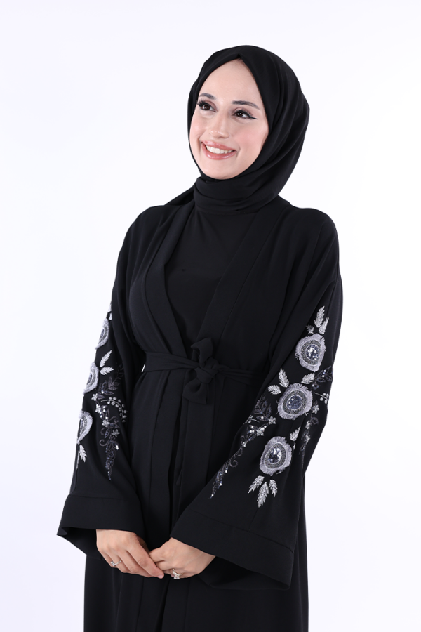 Nakış İşleme Detaylı Bel Kuşaklı Abaya 7898 Siyah - 5