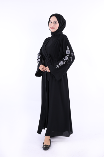 Nakış İşleme Detaylı Bel Kuşaklı Abaya 7898 Siyah - Bym Fashion