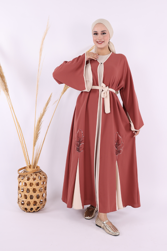 Nakış İşleme Detaylı Bel Kuşaklı Abaya 7901 Gül Kurusu - bym fashion