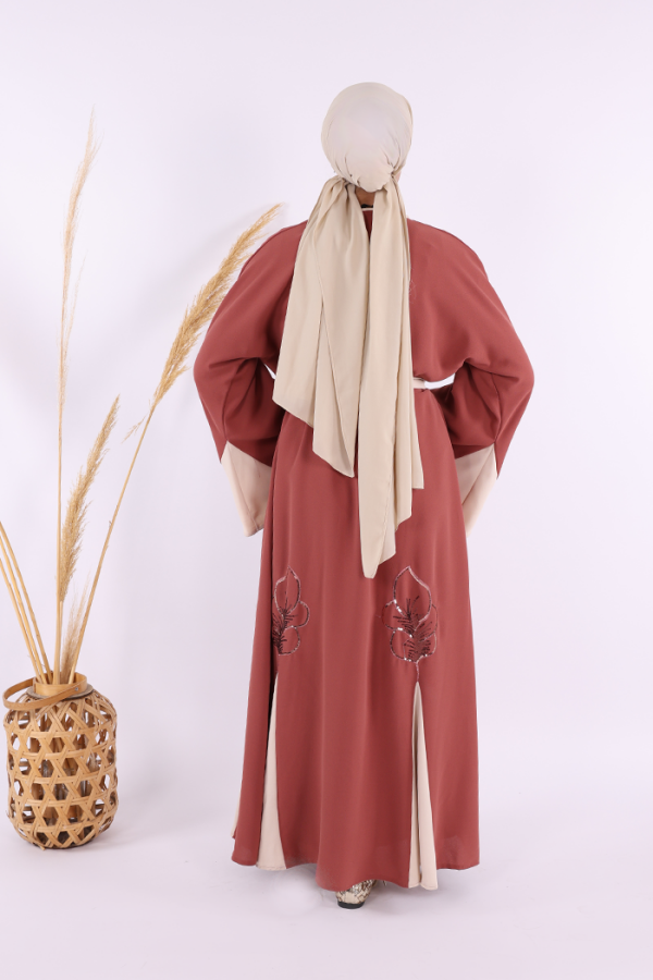 Nakış İşleme Detaylı Bel Kuşaklı Abaya 7901 Gül Kurusu - 4