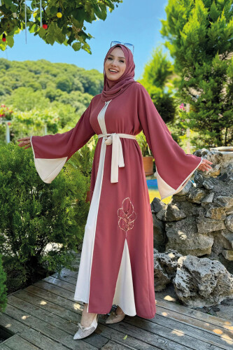 Nakış İşleme Detaylı Bel Kuşaklı Abaya 7901 Gül Kurusu - 8