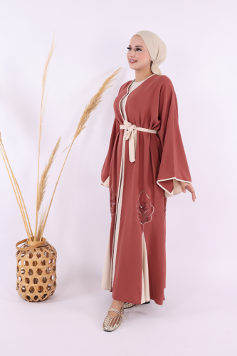 Nakış İşleme Detaylı Bel Kuşaklı Abaya 7901 Gül Kurusu - 3