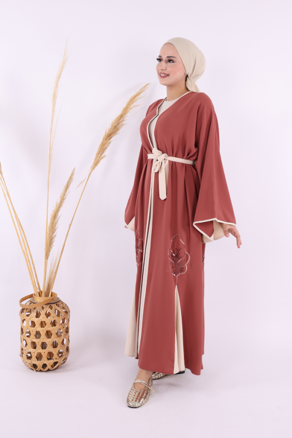 Nakış İşleme Detaylı Bel Kuşaklı Abaya 7901 Gül Kurusu - 3