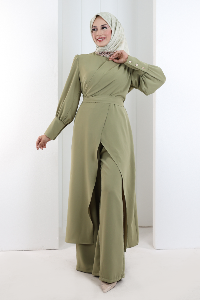 Omuz Büzgü Detaylı Tunik Takım 8709 Haki - 1