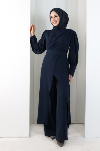 Omuz Büzgü Detaylı Tunik Takım 8709 Lacivert