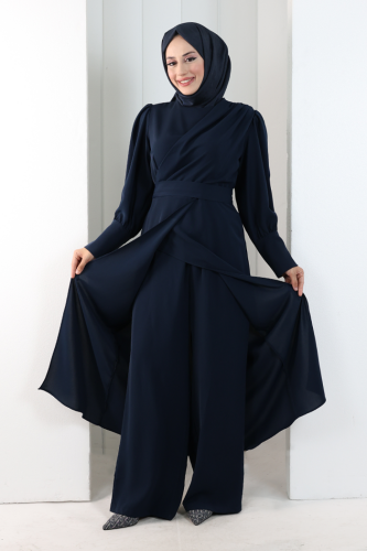 Omuz Büzgü Detaylı Tunik Takım 8709 Lacivert - 2