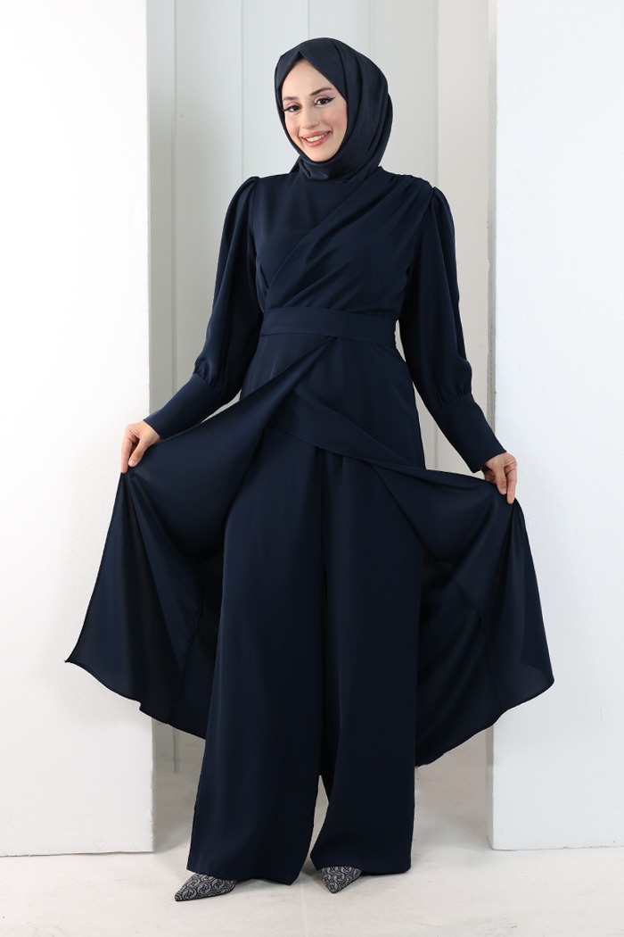 Omuz Büzgü Detaylı Tunik Takım 8709 Lacivert - 2