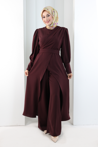 Omuz Büzgü Detaylı Tunik Takım 8709 Mürdüm - 1