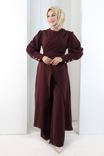Omuz Büzgü Detaylı Tunik Takım 8709 Mürdüm - 2