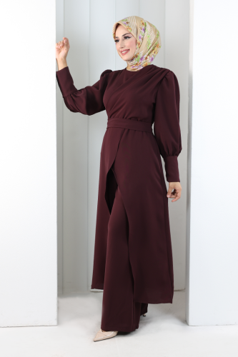 Omuz Büzgü Detaylı Tunik Takım 8709 Mürdüm - 3