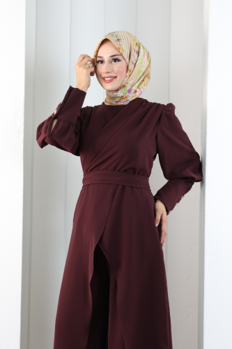 Omuz Büzgü Detaylı Tunik Takım 8709 Mürdüm - 5