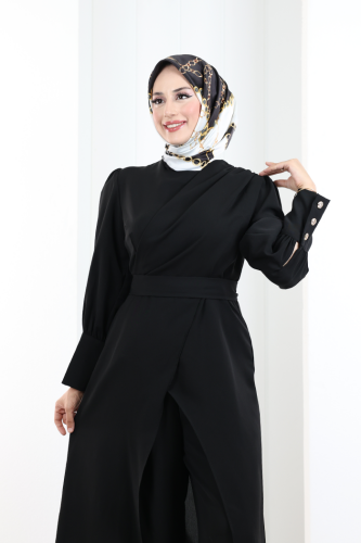 Omuz Büzgü Detaylı Tunik Takım 8709 Siyah - 6