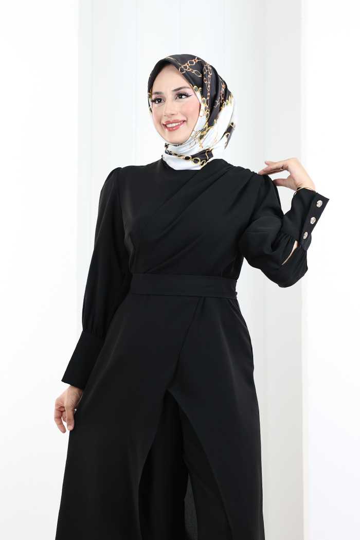 Omuz Büzgü Detaylı Tunik Takım 8709 Siyah - 6