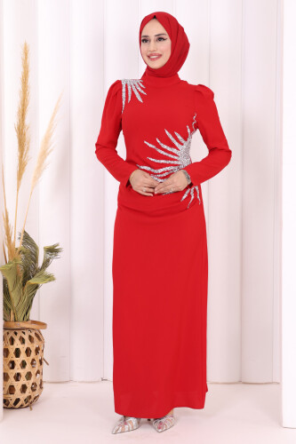Omuz ve Bel Kısmı Taş Detaylı Abiye Elbise 3909 Kırmızı 