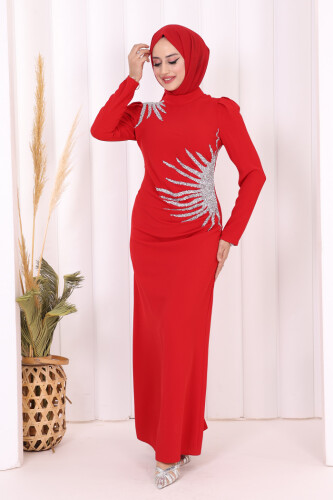 Omuz ve Bel Kısmı Taş Detaylı Abiye Elbise 3909 Kırmızı - 2