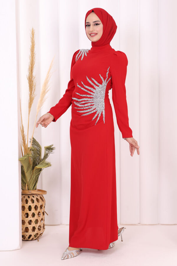Omuz ve Bel Kısmı Taş Detaylı Abiye Elbise 3909 Kırmızı - 3