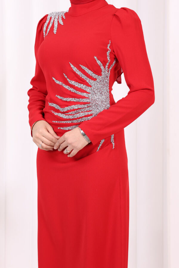 Omuz ve Bel Kısmı Taş Detaylı Abiye Elbise 3909 Kırmızı - 6