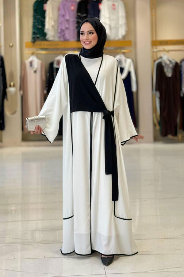 Önden Bağlama Detaylı Abaya 70005 Ekru - 1
