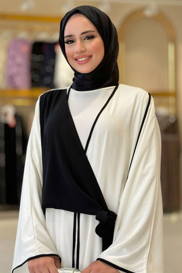 Önden Bağlama Detaylı Abaya 70005 Ekru - 4