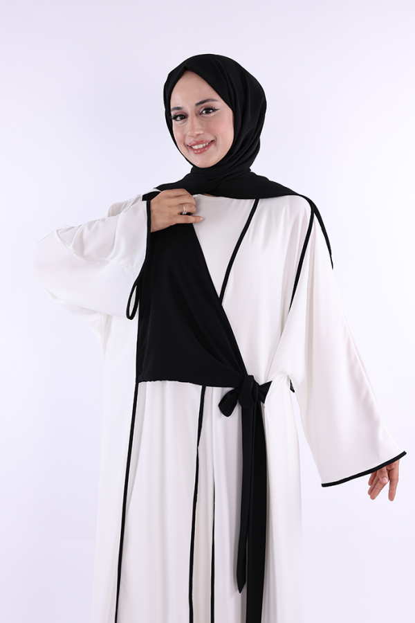 Önden Bağlama Detaylı Abaya 70005 Ekru - 4