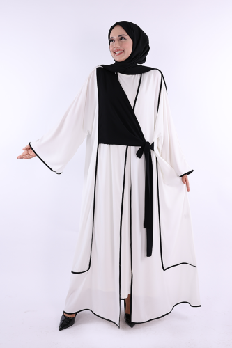 Önden Bağlama Detaylı Abaya 70005 Ekru - Bym Fashion