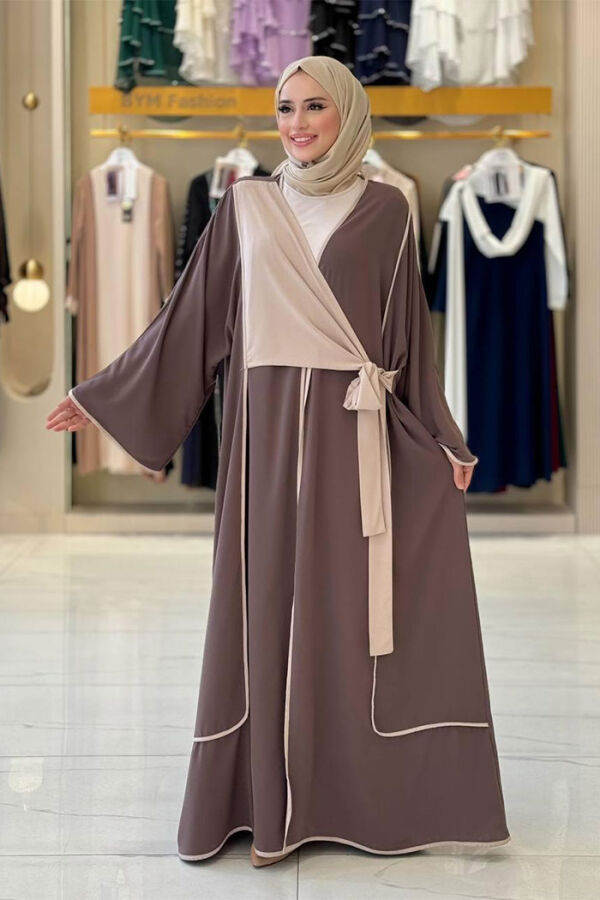 Önden Bağlama Detaylı Abaya 70005 Kahverengi - 1