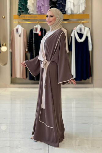 Önden Bağlama Detaylı Abaya 70005 Kahverengi - 3