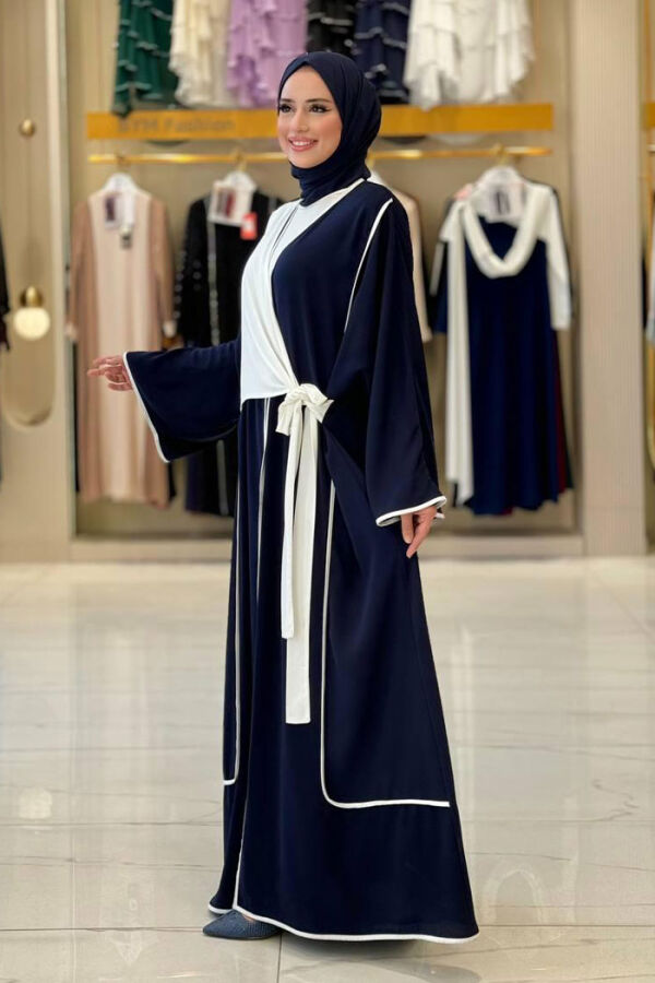 Önden Bağlama Detaylı Abaya 70005 Lacivert - 3