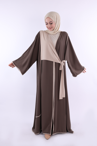 Önden Bağlama Detaylı Abaya 70005 Vizon 