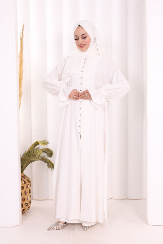 Hac  Umre Takım Önü Düğmeli Tunik,Pantolon  ŞAL  HEDİYE  8014 Ekru 