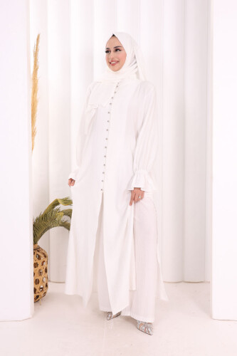 Hac  Umre Takım Önü Düğmeli Tunik,Pantolon  ŞAL  HEDİYE  8014 Ekru - 3