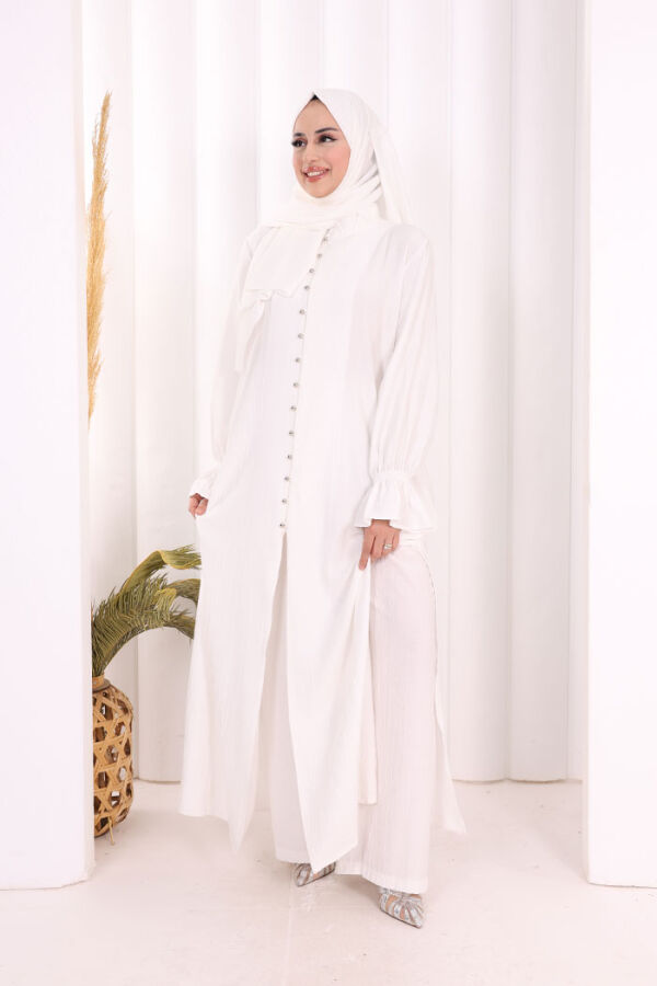Hac  Umre Takım Önü Düğmeli Tunik,Pantolon  ŞAL  HEDİYE  8014 Ekru - 3