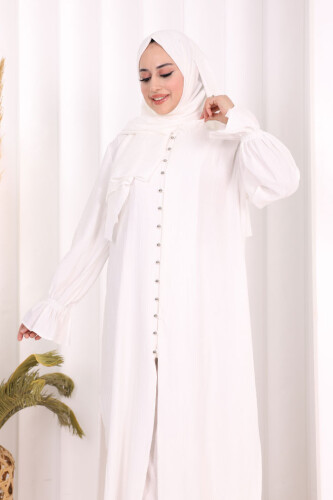 Hac  Umre Takım Önü Düğmeli Tunik,Pantolon  ŞAL  HEDİYE  8014 Ekru - 6