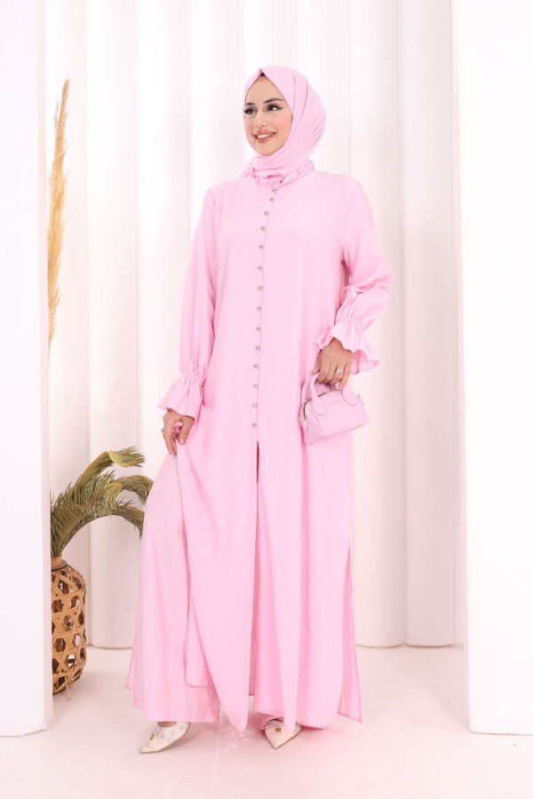 Hac  Umre Takım Önü Düğmeli Tunik,Pantolon  ŞAL  HEDİYE  8014 Pembe - 1