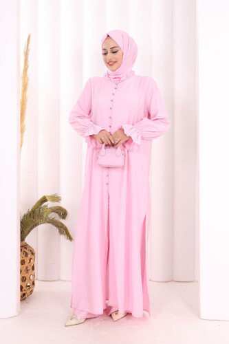 Hac  Umre Takım Önü Düğmeli Tunik,Pantolon  ŞAL  HEDİYE  8014 Pembe - 4